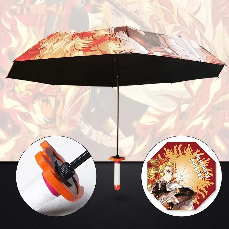 Anime Demon Slayer Folding Umbrella Kimetsu No Yaiba Giyuu Tanjirou Shinobu Katana Rain Gear Portable Travel Parasol Umbrellas