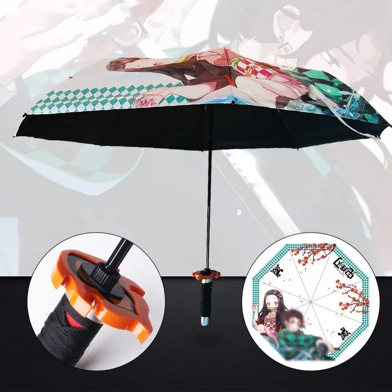 Anime Demon Slayer Folding Umbrella Kimetsu No Yaiba Giyuu Tanjirou Shinobu Katana Rain Gear Portable Travel Parasol Umbrellas
