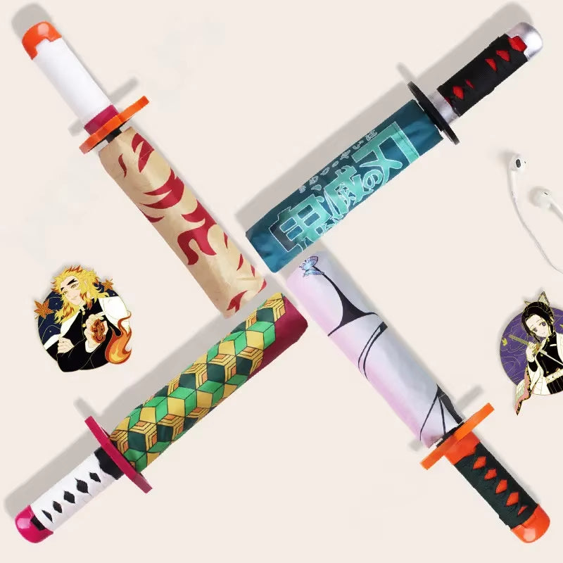 Anime Demon Slayer Folding Umbrella Kimetsu No Yaiba Giyuu Tanjirou Shinobu Katana Rain Gear Portable Travel Parasol Umbrellas