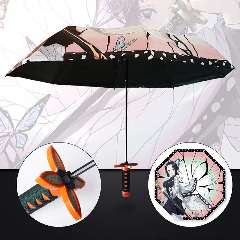 Anime Demon Slayer Folding Umbrella Kimetsu No Yaiba Giyuu Tanjirou Shinobu Katana Rain Gear Portable Travel Parasol Umbrellas