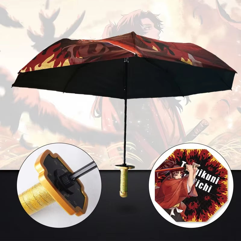 Anime Demon Slayer Folding Umbrella Kimetsu No Yaiba Giyuu Tanjirou Shinobu Katana Rain Gear Portable Travel Parasol Umbrellas