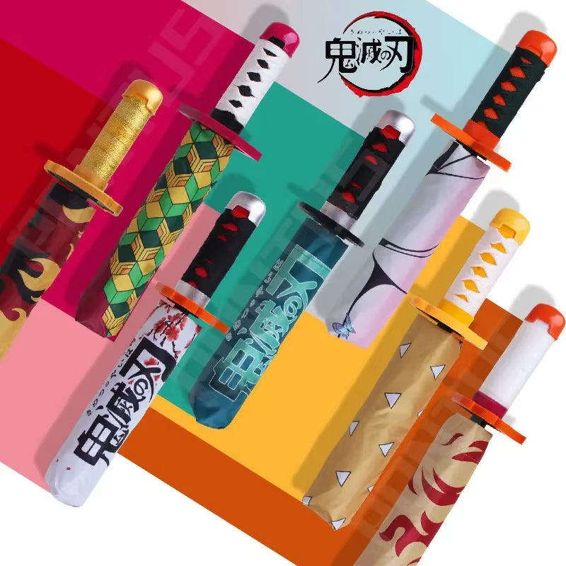 Anime Demon Slayer Folding Umbrella Kimetsu No Yaiba Giyuu Tanjirou Shinobu Katana Rain Gear Portable Travel Parasol Umbrellas