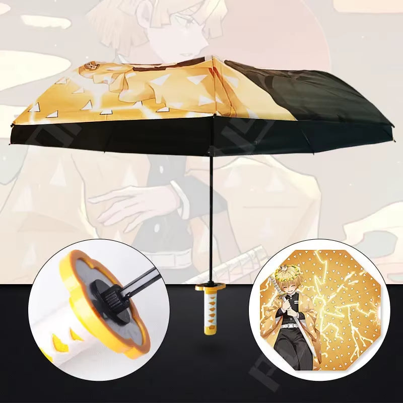 Anime Demon Slayer Folding Umbrella Kimetsu No Yaiba Giyuu Tanjirou Shinobu Katana Rain Gear Portable Travel Parasol Umbrellas