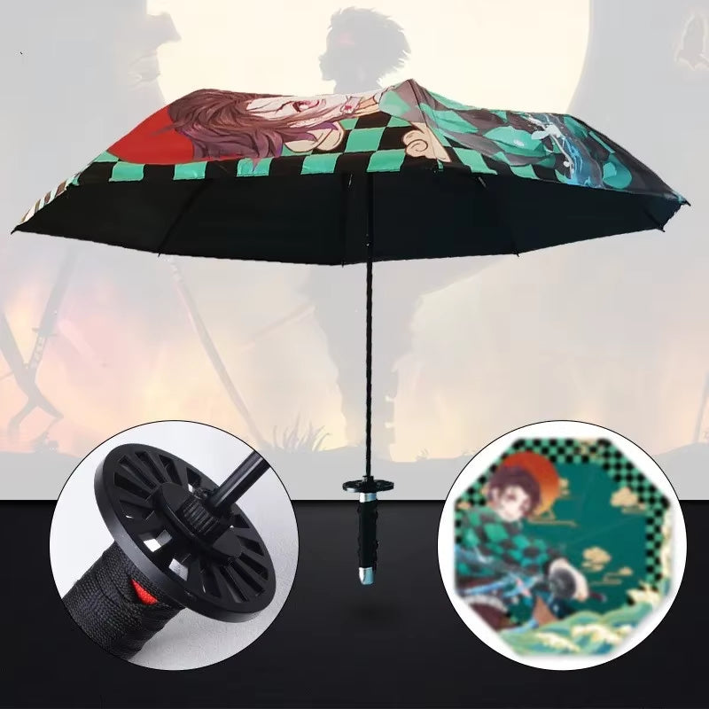 Anime Demon Slayer Folding Umbrella Kimetsu No Yaiba Giyuu Tanjirou Shinobu Katana Rain Gear Portable Travel Parasol Umbrellas