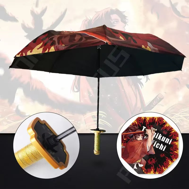 Anime Demon Slayer Folding Umbrella Kimetsu No Yaiba Giyuu Tanjirou Shinobu Katana Rain Gear Portable Travel Parasol Umbrellas