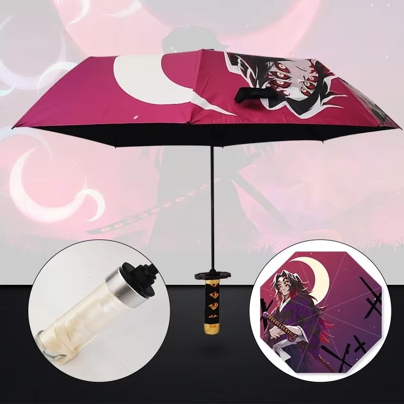 Anime Demon Slayer Folding Umbrella Kimetsu No Yaiba Giyuu Tanjirou Shinobu Katana Rain Gear Portable Travel Parasol Umbrellas