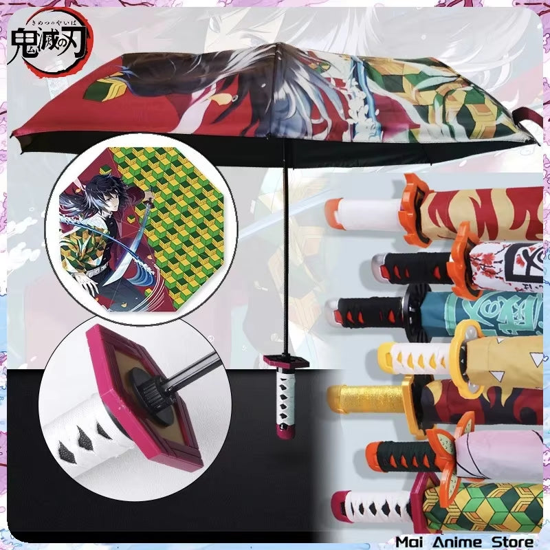 Anime Demon Slayer Folding Umbrella Kimetsu No Yaiba Giyuu Tanjirou Shinobu Katana Rain Gear Portable Travel Parasol Umbrellas