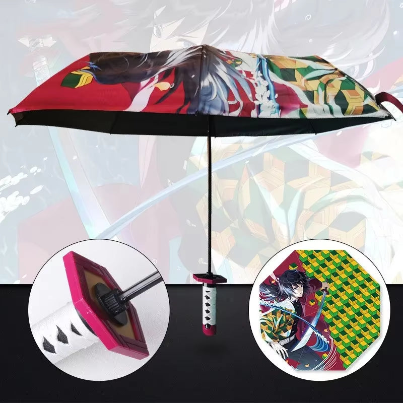 Anime Demon Slayer Folding Umbrella Kimetsu No Yaiba Giyuu Tanjirou Shinobu Katana Rain Gear Portable Travel Parasol Umbrellas